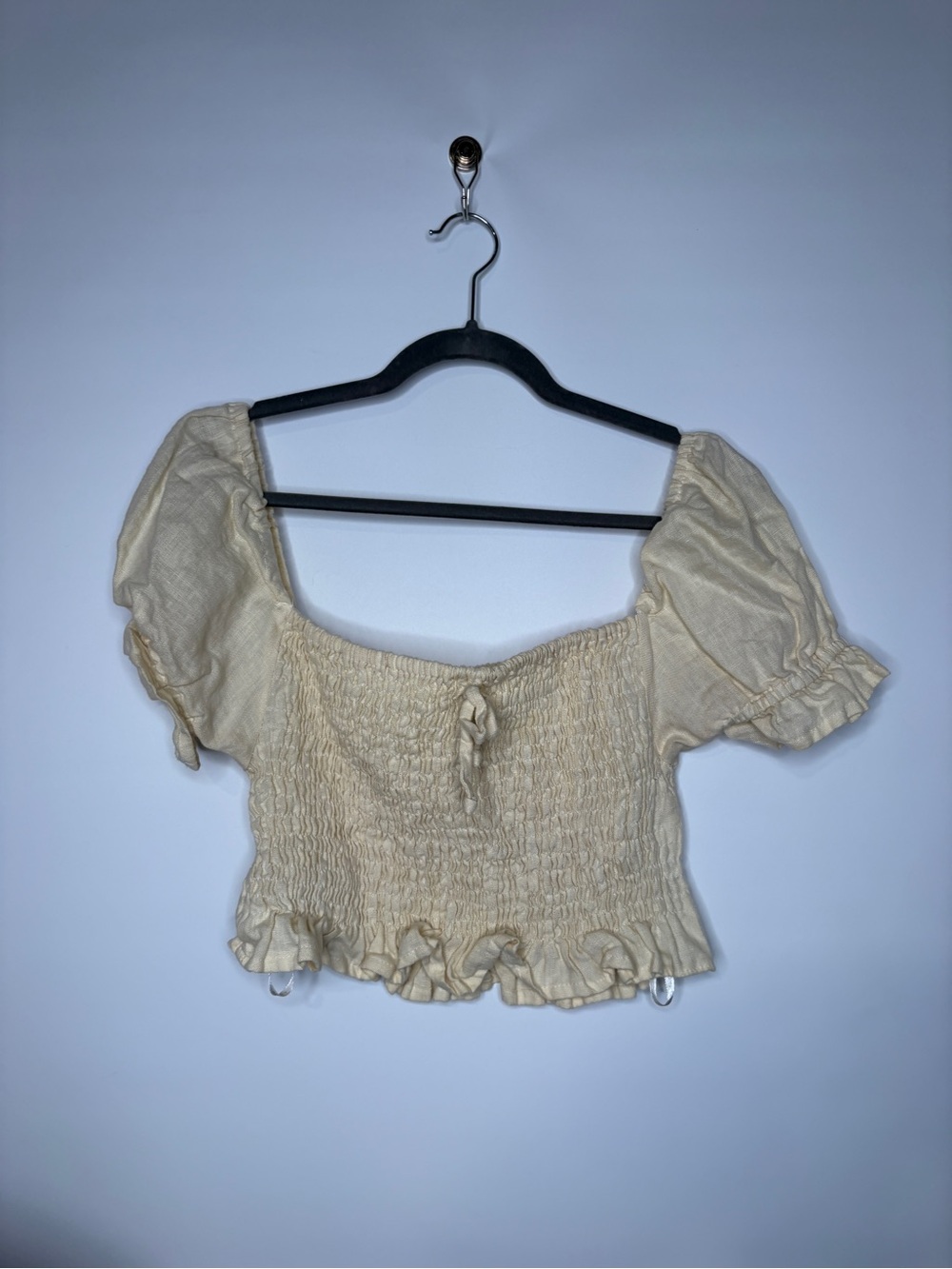 Faithfull The Brand Yellow Linen Square Neck Smock Crop Peasant Top Size Large